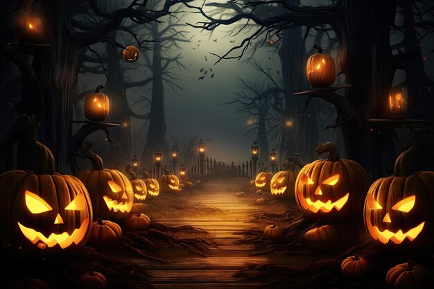 Halloweenowe tło z przerażającymi dyniami, świecami i nietoperzami w ciemnym lesie w nocy