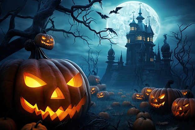 Halloweenowe tło z przerażającymi świecami z dyni na cmentarzu w nocy z tłem zamku