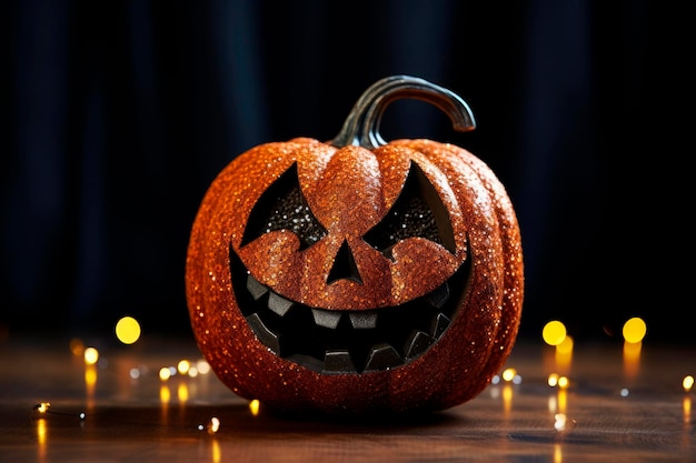 Bezpłatne zdjęcie halloweenowy brokatowy dyniowy wystrój latarni z zabawnymi twarzami na drewnianym stole