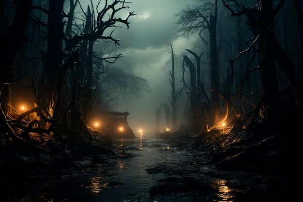 Bezpłatne zdjęcie halloweenowy obraz strasznej rzeki z suchymi drzewami