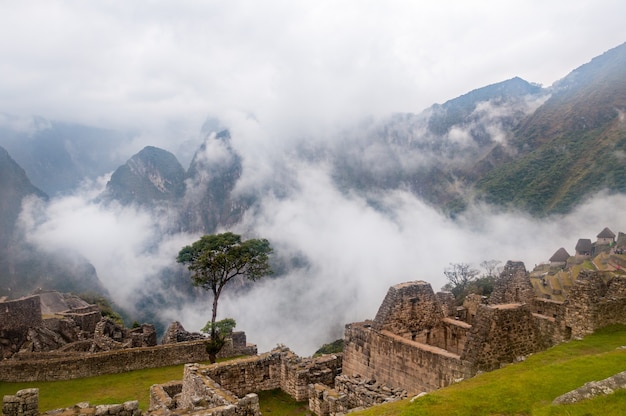 Hipnotyzujący widok na Machu Picchu pokrytego chmurami