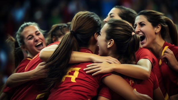 Hiszpańska drużyna przytula się po zwycięstwie w finale