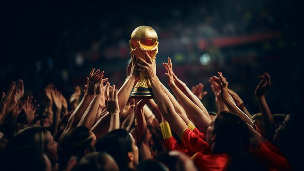Hiszpańska drużyna trzymająca trofeum Pucharu Świata