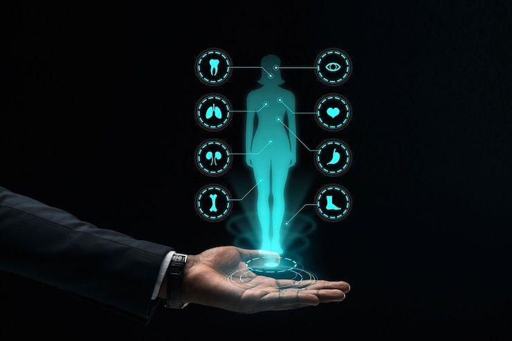Bezpłatny plik Zdjęcie hologram kobiecej sylwetki w dłoni mężczyzny