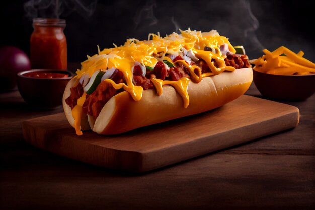 Hot dog z grillowanej wołowiny z ketchupem i generatywną przekąską AI