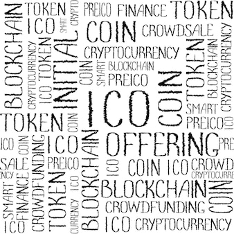 Ico wstępna oferta monet, finansowanie społecznościowe dla startupów, wzorzec technologii blockchain. ico koncepcja słowa tekstury na białym tle. wzór bez szwu
