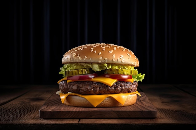 Idealny serowy burger z warzywami na drewnianym stole i czarnym tle Ai generatywny