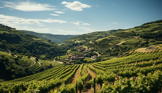 Idylliczna winnica, łąka, zielone góry, świeże wino, spokojne wiejskie piękno generowane przez sztuczną inteligencję