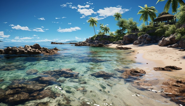 Bezpłatne zdjęcie idylliczne tropikalne wybrzeże, turkusowe wody, palmy i spokojny relaks generowany przez sztuczną inteligencję.