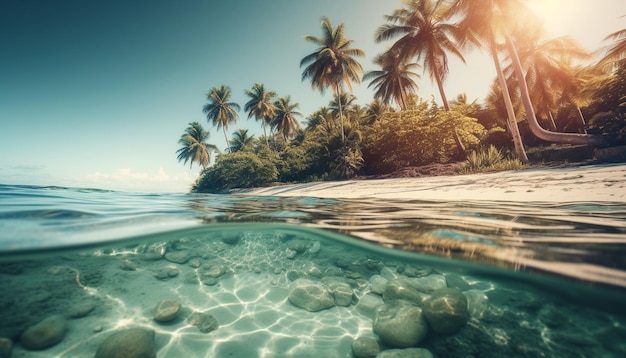Idylliczne wybrzeże z palmami, spokojne turkusowe wody generowane przez sztuczną inteligencję