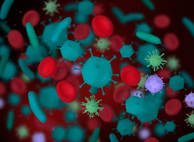 Bezpłatne zdjęcie ilustracja 3d. czerwone krwinki z komórkami wirusowymi i bakteryjnymi. koncepcja naukowo-medyczna.