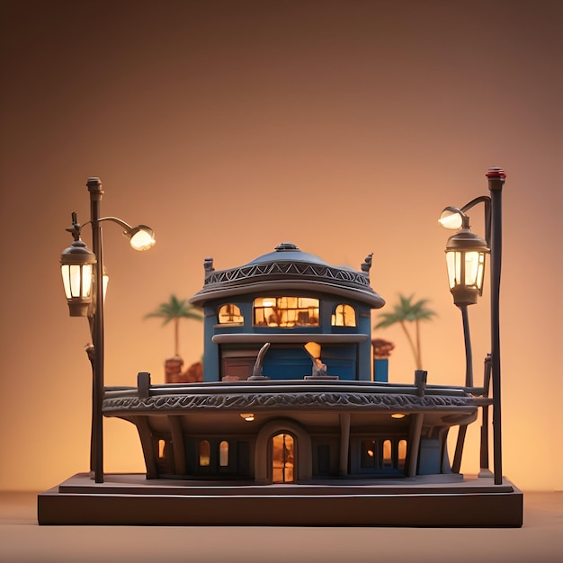 Bezpłatne zdjęcie ilustracja 3d fantastycznego domu z latarniami i palmami