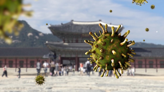 Ilustracja 3d koronawirusa wariantu omicron unoszącego się nad wycieczkami zwiedzającymi pałac w korei południowej. wejście gyeongbokgung podczas koncepcji zakażenia wirusem grypy pandemicznej covid19.