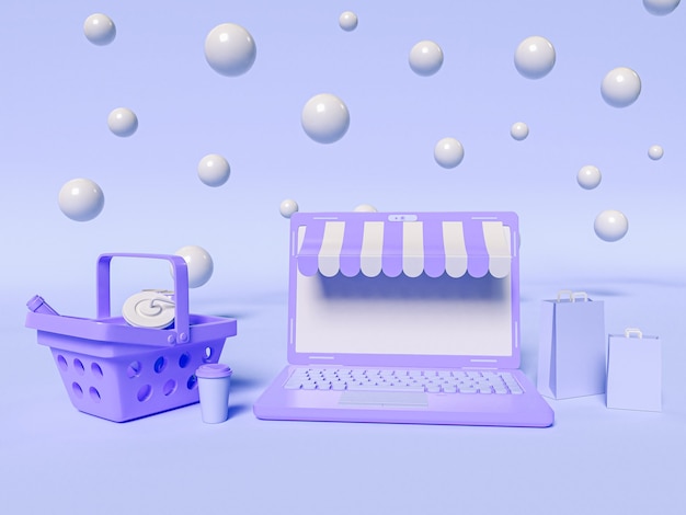 Ilustracja 3D. Laptop z koszykiem na zakupy i papierowymi torbami. Koncepcja zakupów online i e-commerce.