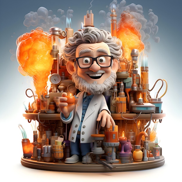 Ilustracja 3D naukowca z komiksem z palnikiem gazowym w swoim laboratorium