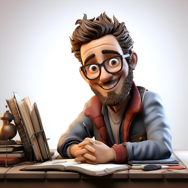 Bezpłatne zdjęcie ilustracja 3d postaci z kreskówki siedzącej przy biurku i piszącej notatki