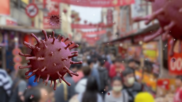 Ilustracja 3d. wariant wirusa omicron covid 19 na lokalnym targu ulicznym w mieście tajpej. azjaci kupują tradycyjną dekorację na obchody chińskiego nowego roku i koncepcję wybuchu koronawirusa.
