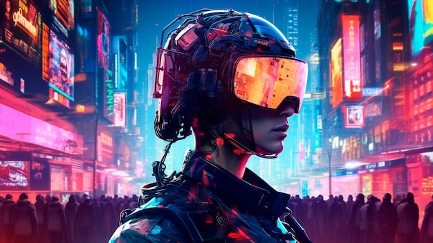 Ilustracja cyberpunk z kolorami neonowymi i futurystyczną technologią