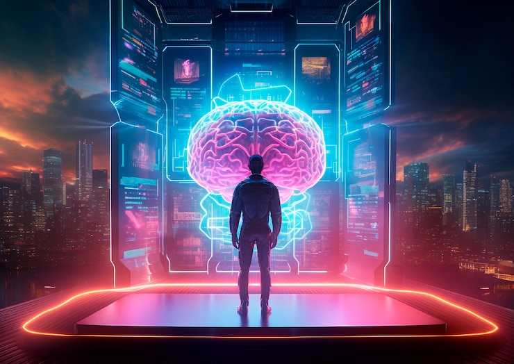 Bezpłatny plik Zdjęcie ilustracja cyberpunkowa z futurystyczną technologią i jasnymi neonami