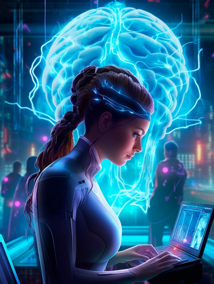 Bezpłatny plik Zdjęcie ilustracja cyberpunkowa z futurystyczną technologią i jasnymi neonami