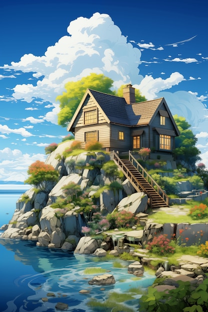 Ilustracja domu na wsi w anime