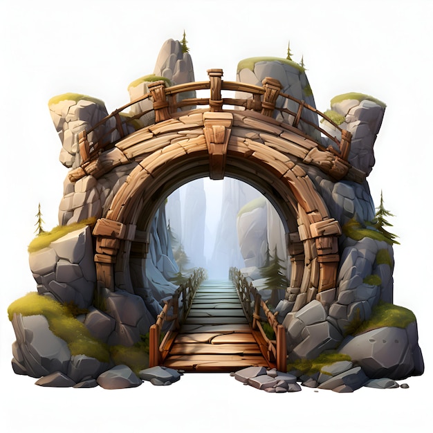 Bezpłatne zdjęcie ilustracja drewnianego mostu prowadzącego do fantazyjnego kamiennego zamku