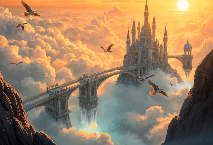 Bezpłatny plik Zdjęcie ilustracja fantazyjnego krajobrazu otoczonego chmurami