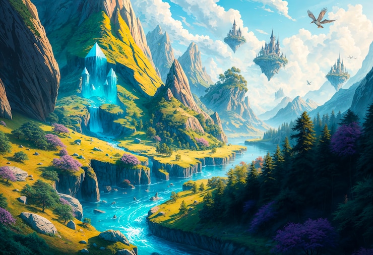 Bezpłatny plik Zdjęcie ilustracja fantazyjnego krajobrazu pływających wysp