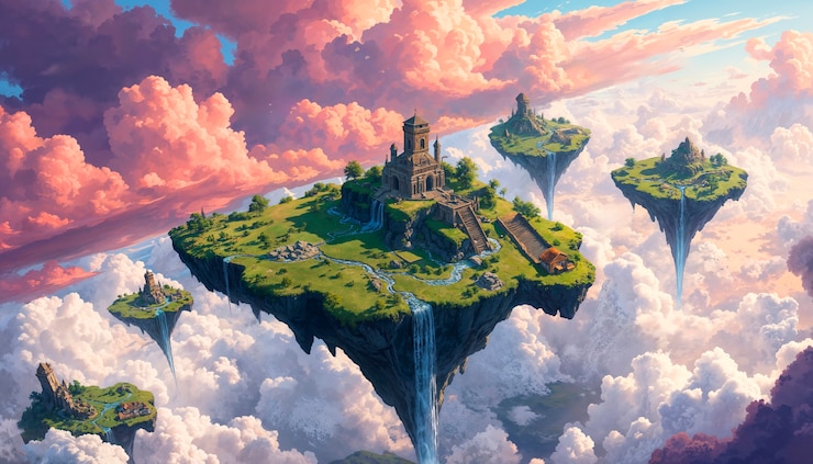 Bezpłatny plik Zdjęcie ilustracja fantazyjnego krajobrazu pływających wysp