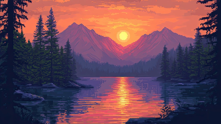Bezpłatny plik Zdjęcie ilustracja krajobrazu rzeki pixel art