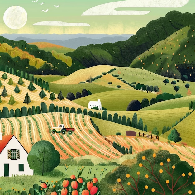 Ilustracja kreskówki o krajobrazie gospodarstwa rolnego