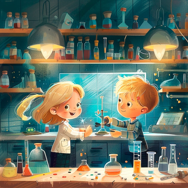 Ilustracja kreskówki z laboratorium chemicznego dla dzieci
