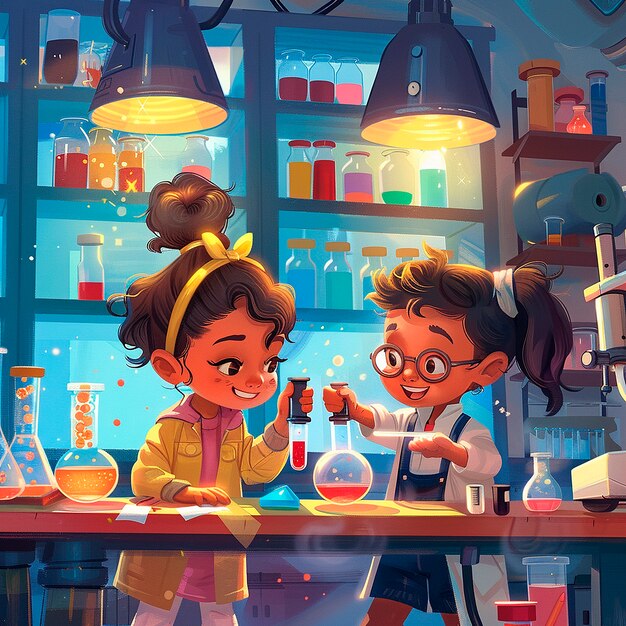 Ilustracja kreskówki z laboratorium chemicznego dla dzieci