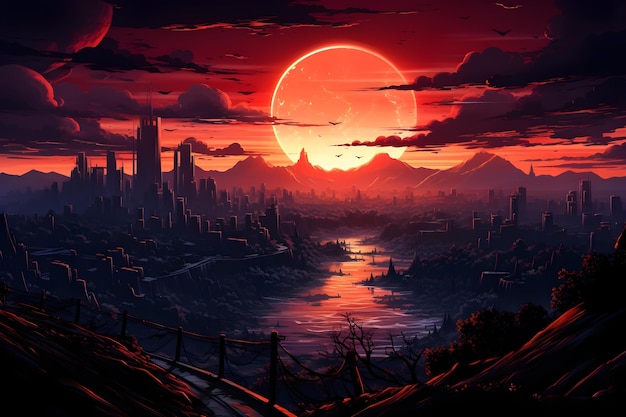 Ilustracja miasta zachodu słońca