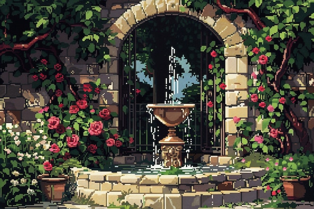Ilustracja ogrodu kwiatowego w stylu pixel art