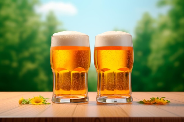 Bezpłatne zdjęcie ilustracja pary szklanek piwa na stole z krajobrazowym tłem