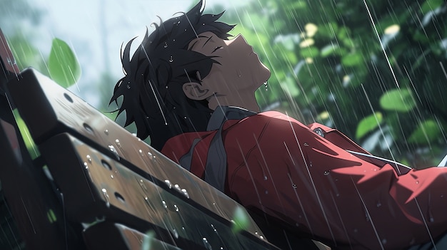 Ilustracja postaci anime w deszczu
