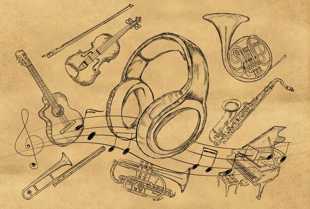 Instrumenty muzyczne szkicu słuchawkowego na papierze brązowym