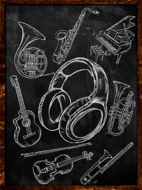Bezpłatne zdjęcie instrumenty muzyczne szkicu słuchawkowego na tablicy