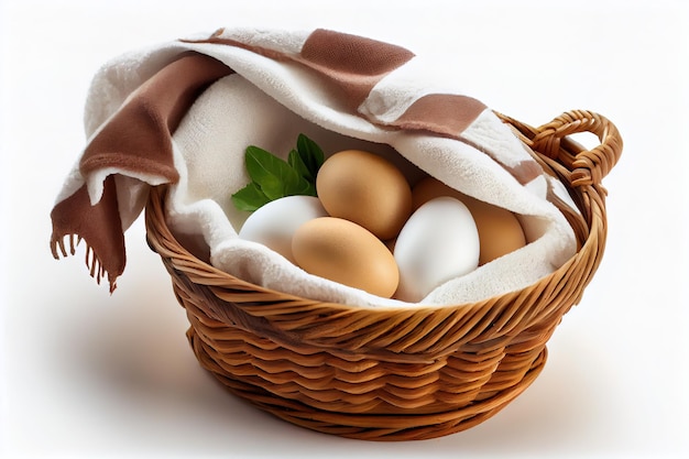 Bezpłatne zdjęcie jajka kurze w koszu z ręcznikiem na białym tle 4