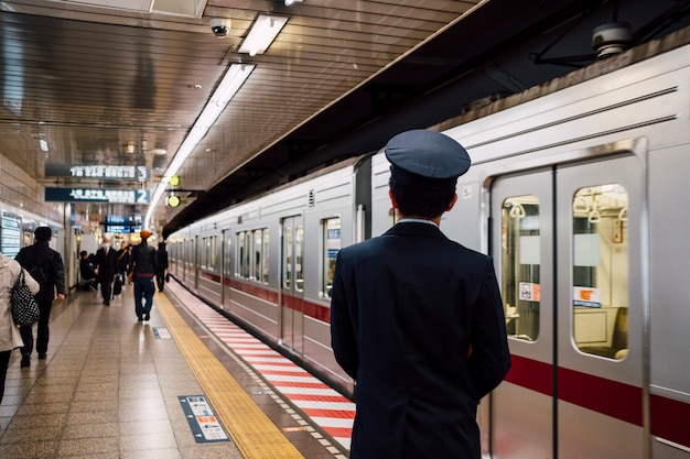 Japoński oficer na stacji kolejowej