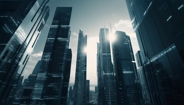 Jasne drapacze chmur oświetlają nocą nowoczesną panoramę miasta generowaną przez sztuczną inteligencję