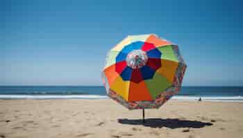 Bezpłatne zdjęcie jasny parasol plażowy cieniuje relaks na piaszczystym wybrzeżu generowany przez sztuczną inteligencję