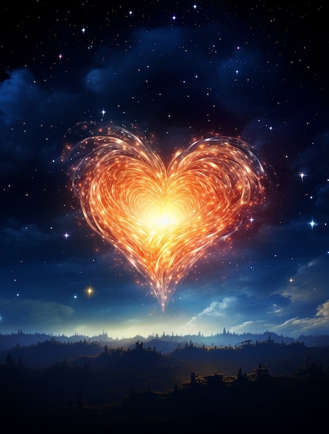 Jasny trójwymiarowy kształt serca na nocnym niebie