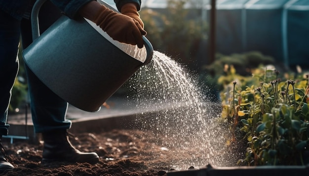 Jeden mężczyzna rozpyla wodę na rosnące rośliny generowane przez sztuczną inteligencję