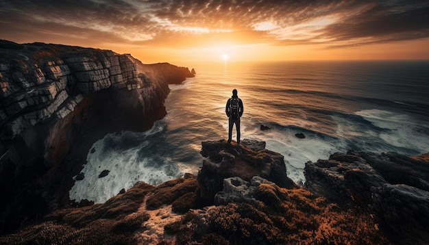 Jeden mężczyzna stojący na klifie, cieszący się samotnością generowaną przez sztuczną inteligencję