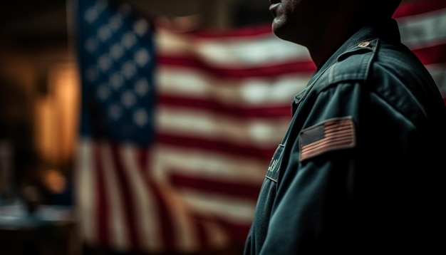 Bezpłatne zdjęcie jeden mężczyzna trzymający amerykańską flagę przedstawiający honor wygenerowany przez sztuczną inteligencję