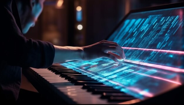 Jeden muzyk grający na pianinie ze świecącymi niebieskimi klawiszami wygenerowanymi przez sztuczną inteligencję