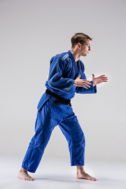 Jeden wojownik judokas pozujący na szaro