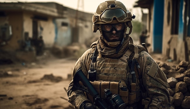 Bezpłatne zdjęcie jeden żołnierz armii celujący z karabinu w konflikt generowany przez sztuczną inteligencję
